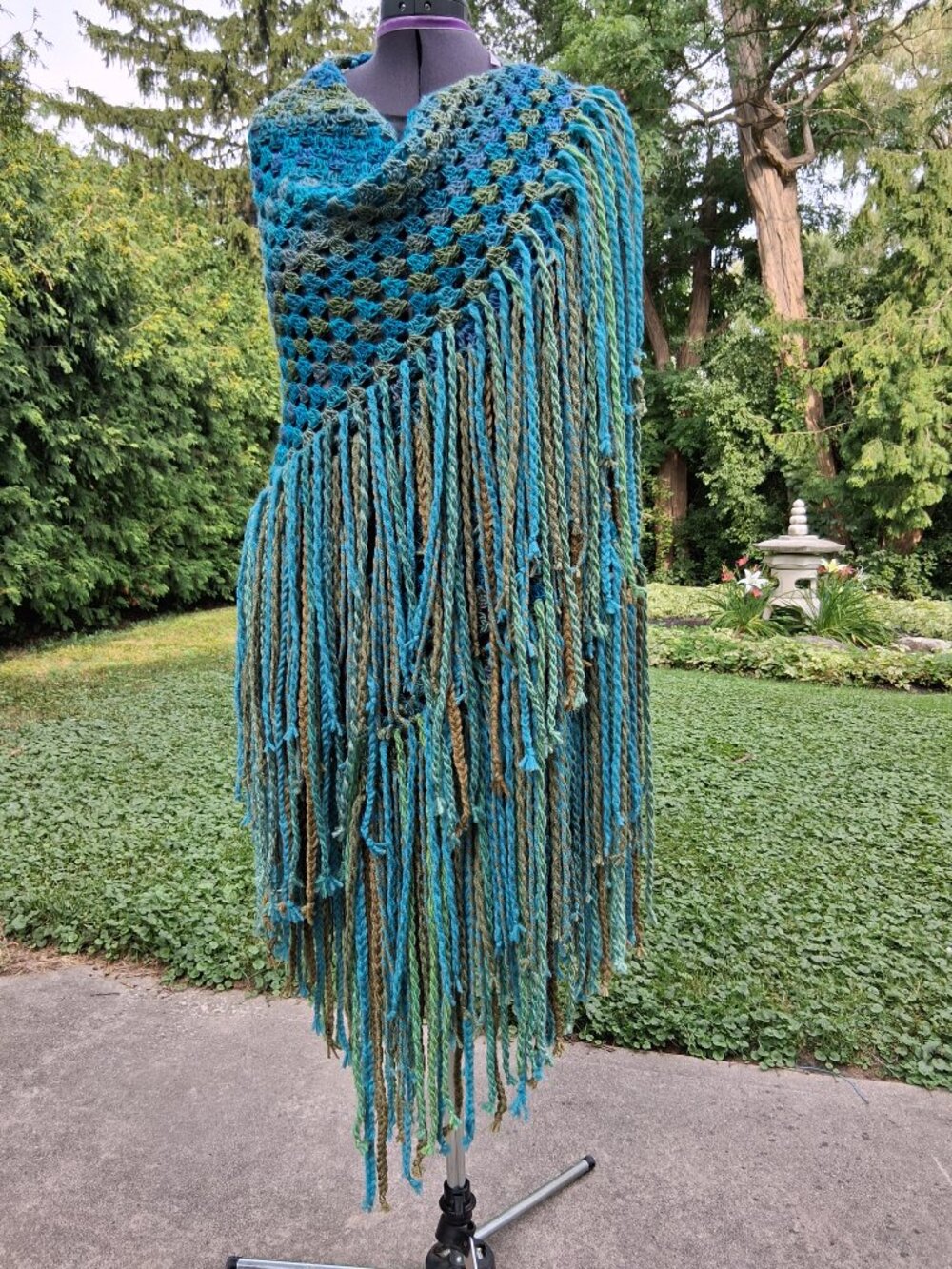 Boho Turquoise Blue and Green Full Thick Fringe Shawl Shrug - Picture 4 of 14